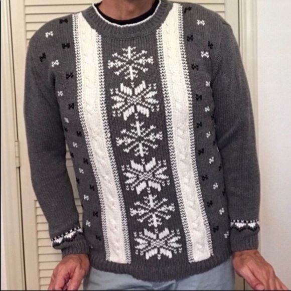 VINTAGE 90S LIZ CLAIBORNE GRAY SNOWFLAKE KNITTED SWEATER SMALL PREP NYC COTTAGE - Picture 1 of 4